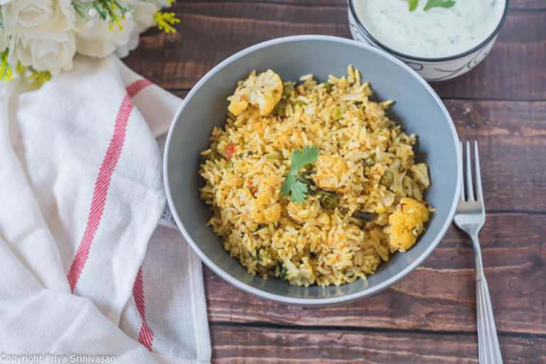 Cauliflower, paneer and peas rice