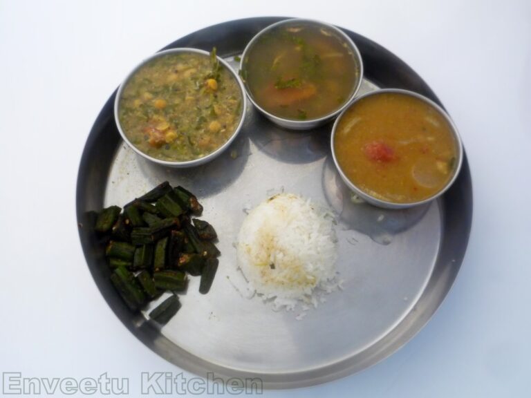 Vendaikai/Okra Fry and Fenugreek/Methi Leaves Gram Dal Kootu -  Lunch Thali