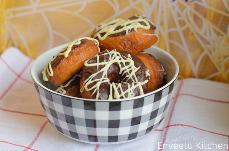 Eggless Crispy Doughnuts with Chocolate Glaze- Deep Fried Version