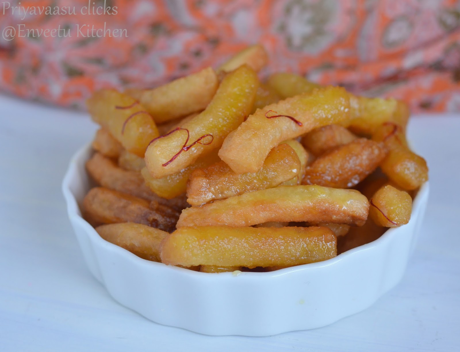Persian Bamieh , a sweet treat in a serving bowl