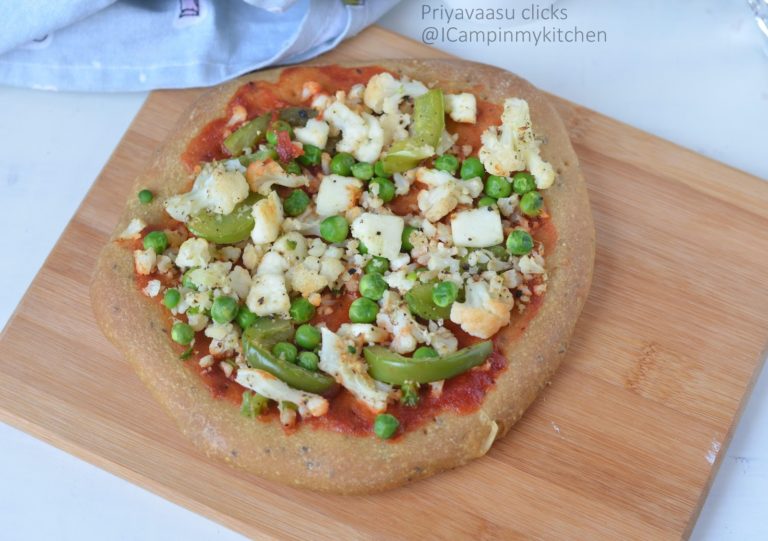 Capsicum, Cauiflower &Paneer Pizza - No Knead, No Yeast Pizza Dough, Fire Up Your Oven, Day 19