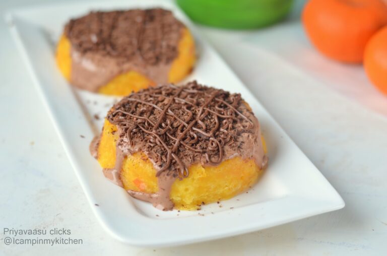 Microwave Eggless Carrot Orange Cake with Dark Chocolate Toppings - No Bake Desserts