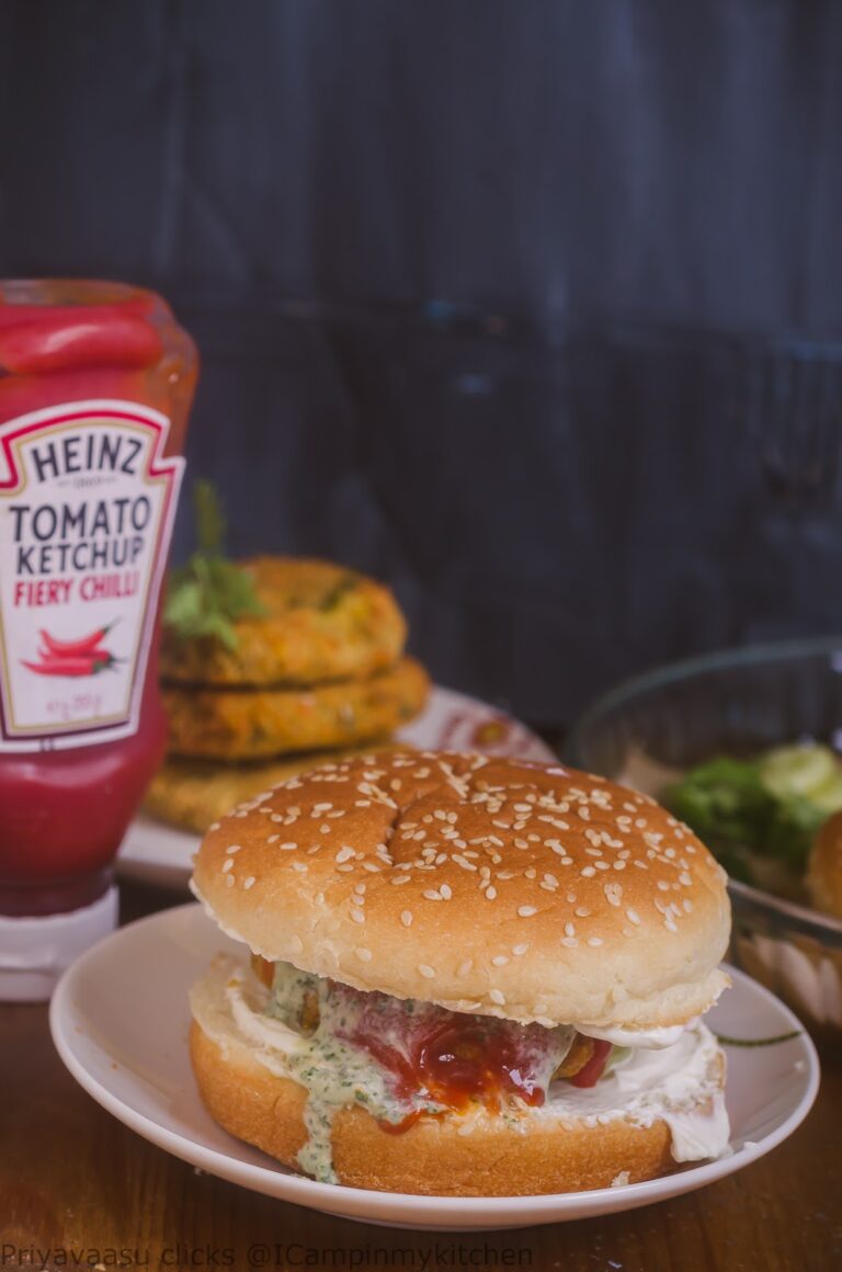 3-Lentil Tikki Burger - Vegan Lentil Tikki with labneh and minty yogurt sauce - Oven Baked Tikki
