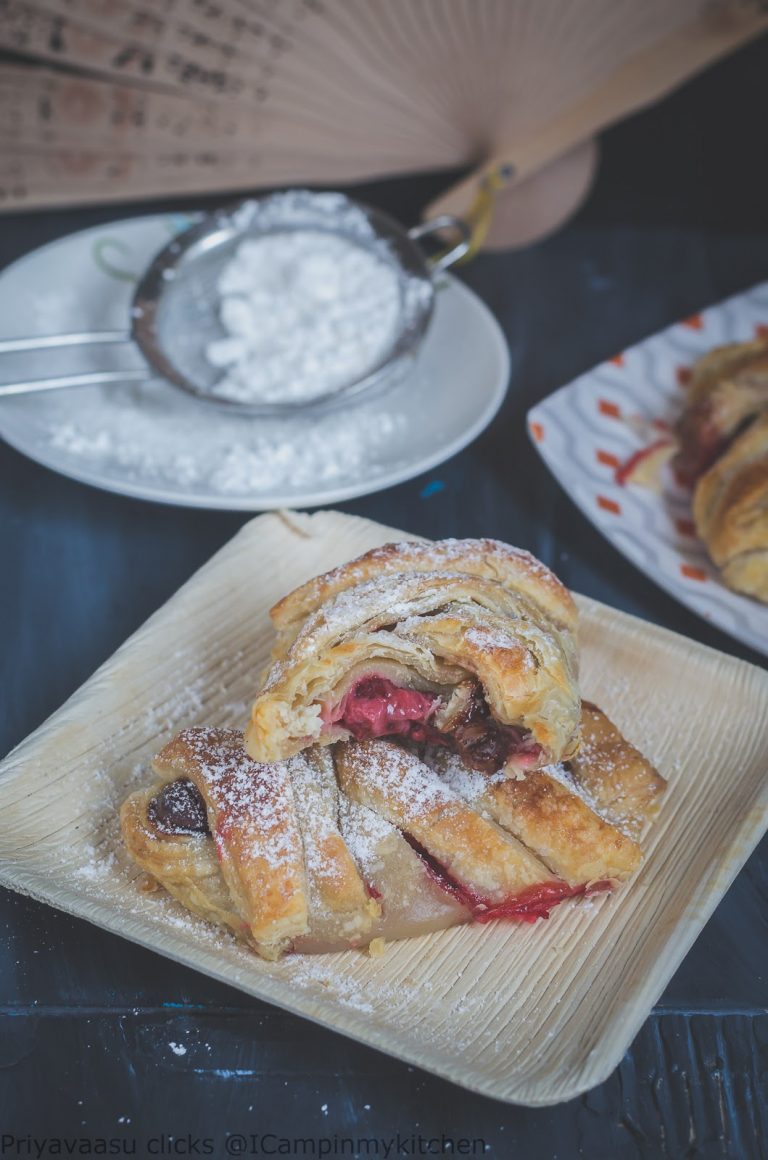Chocolate strawberry cream puffs , mini braided sweet puffs