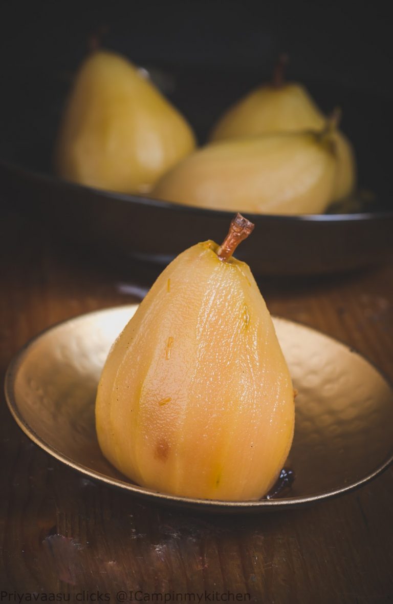 Poached Pears in Saffron Glaze