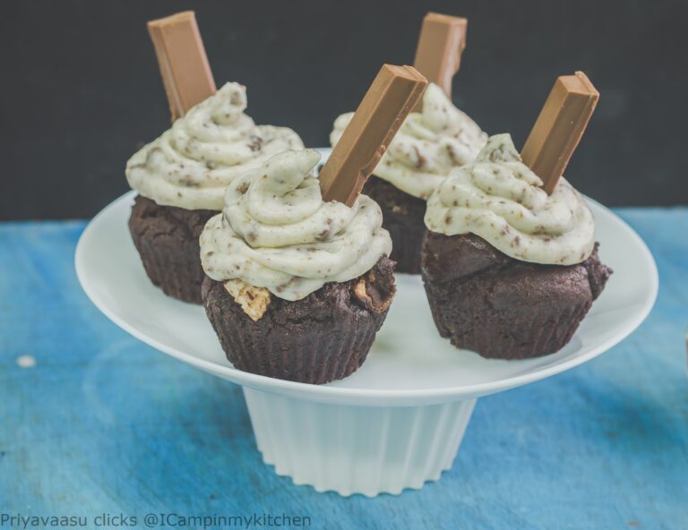 Eggless Kit-Kat Chocolate Cup Cake with Cream Cheese Kit-kat Frosting