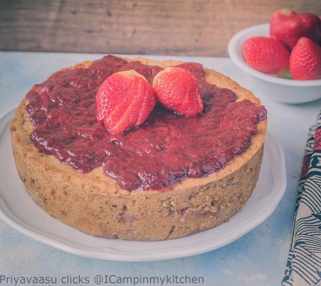 Eggless strawberry white chocolate cake