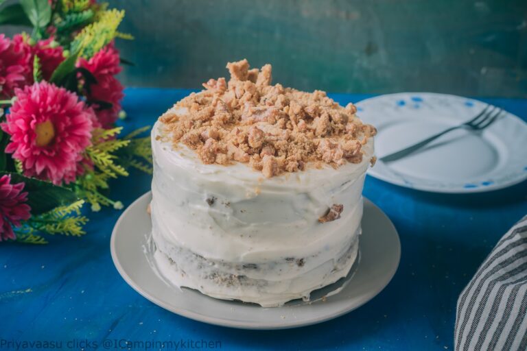 Eggless Wholewheat Ginger Carrot cake with Ginger cream cheese frosting and Walnut crumble