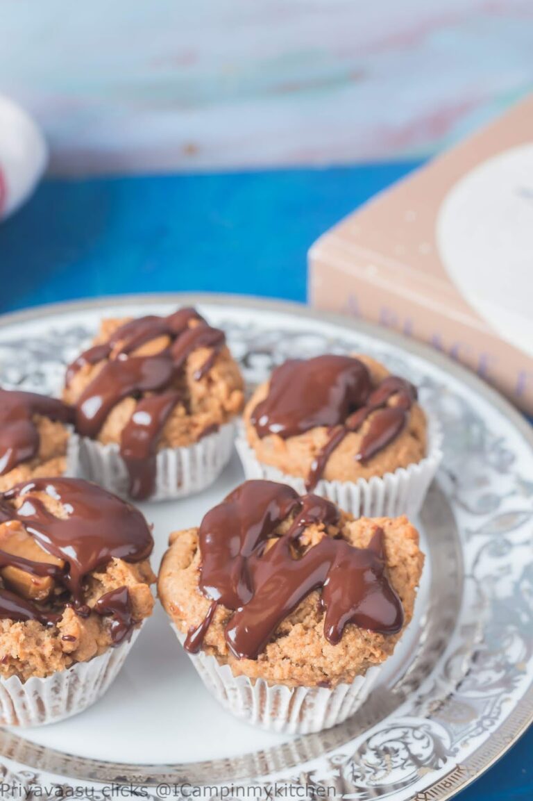 Eggless Whole Wheat Apple Jam muffins with caramel fudge
