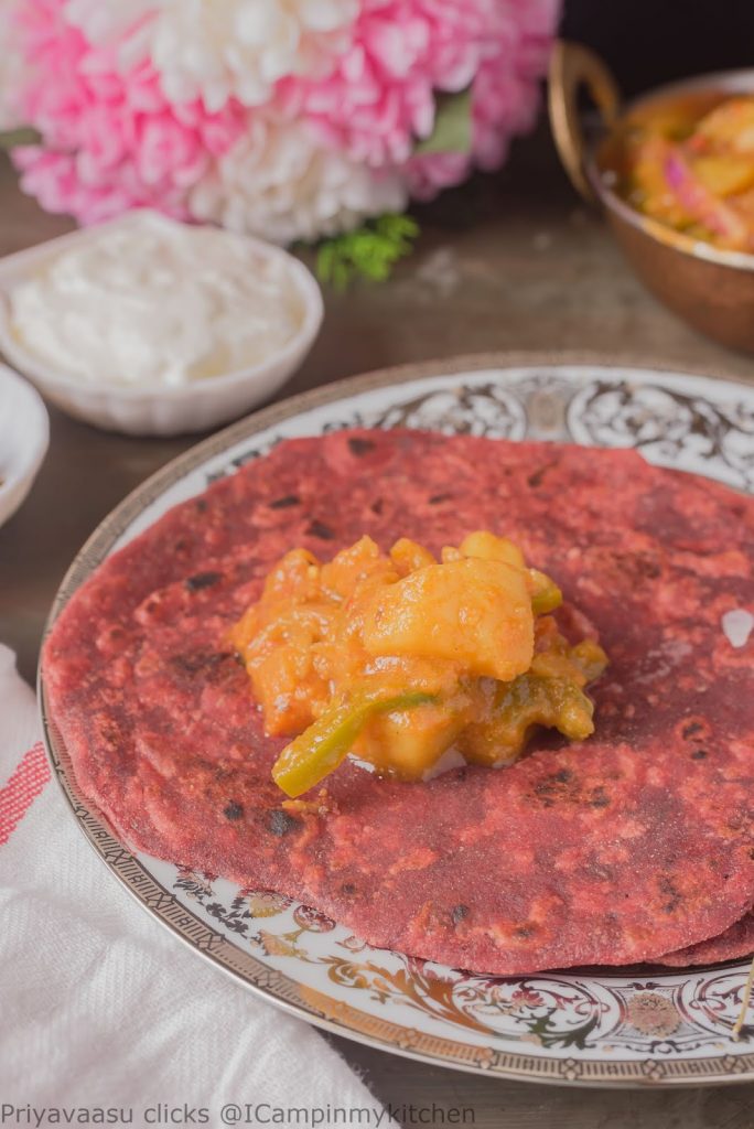 beets paratha with potato curry