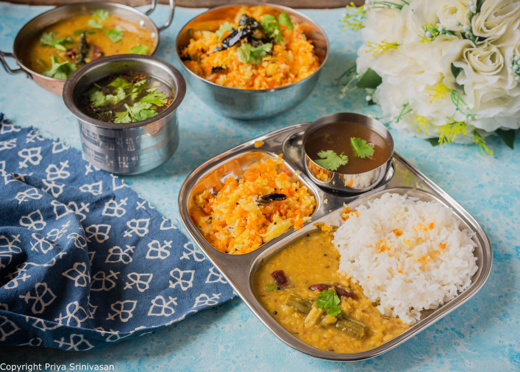 Lunch thali with dal, rice and subzi