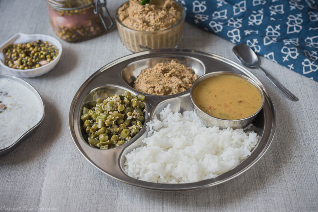 south-indian thali with thogayal and pickle 