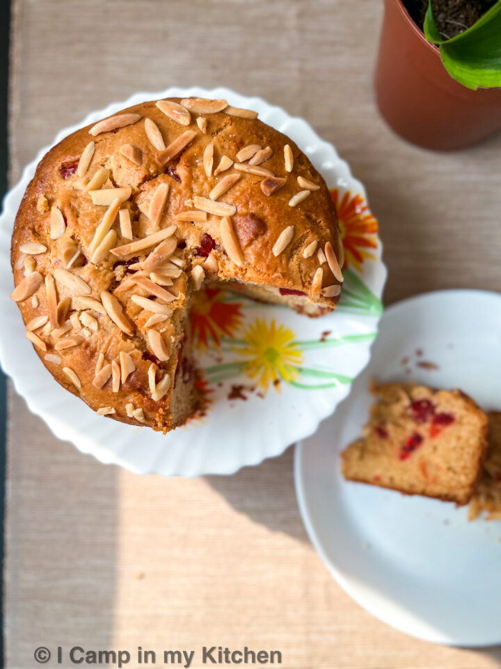 Almond & Cherry Cake Eggless Condensed Milk Cake I camp in my kitchen