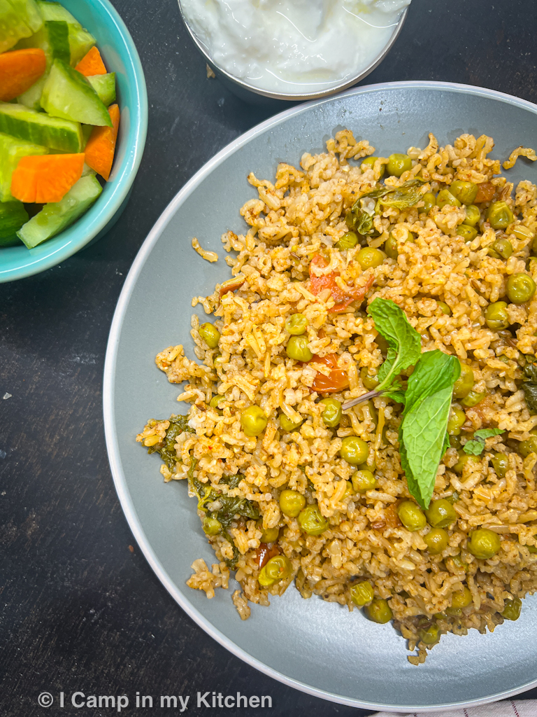 Matar pulao with brown basmati rice