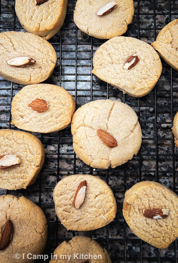 Eggless Almond cookies, just out of the oven on a wire rack