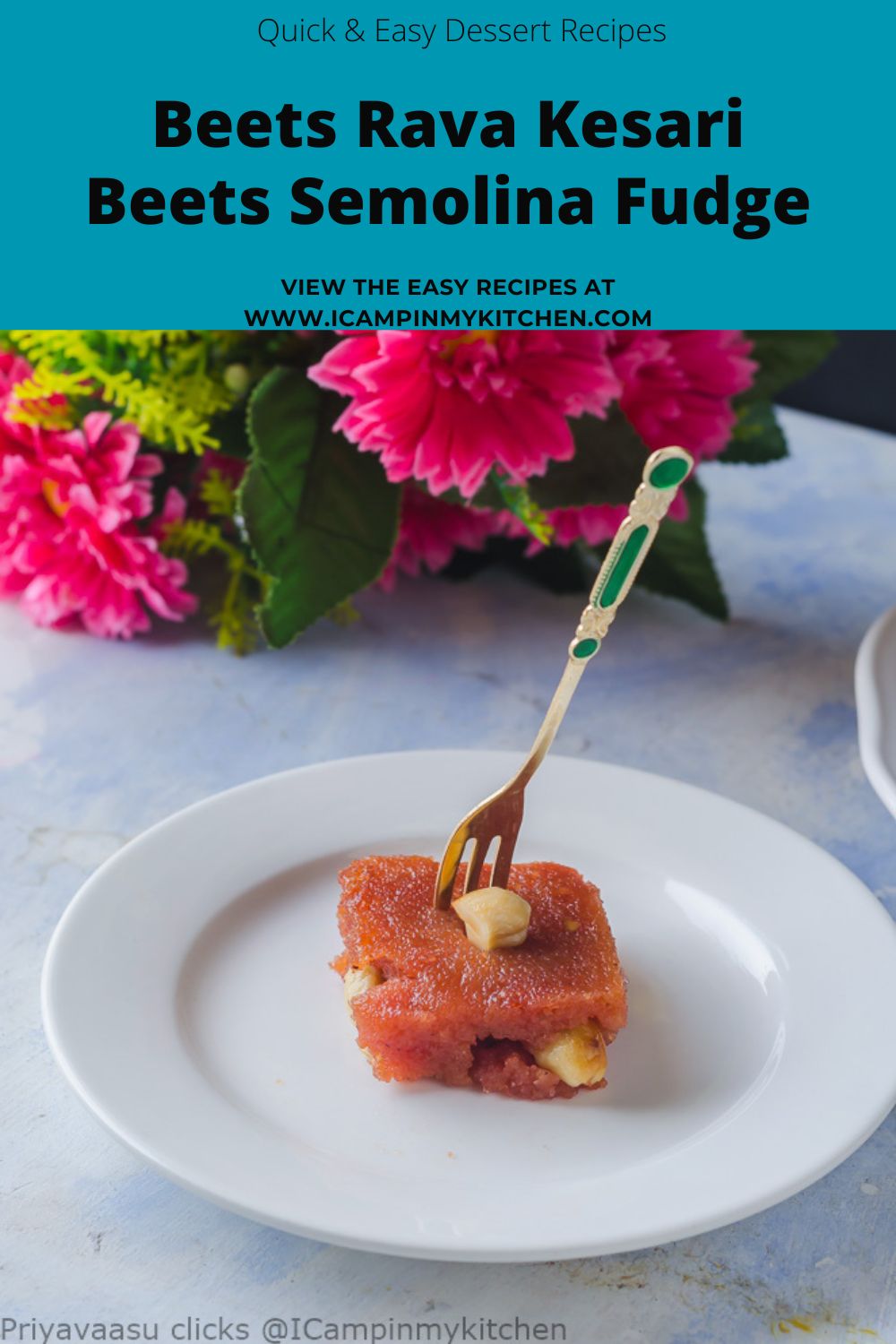 A slice of beetroot rava kesari on a white plate with fork