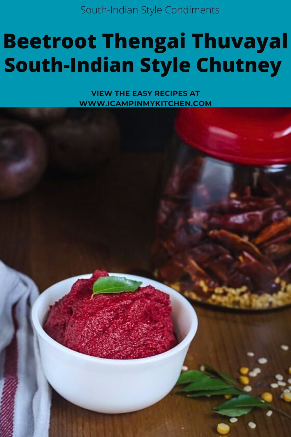 Bright and colorful beetroot thogayal in a white serving bowl