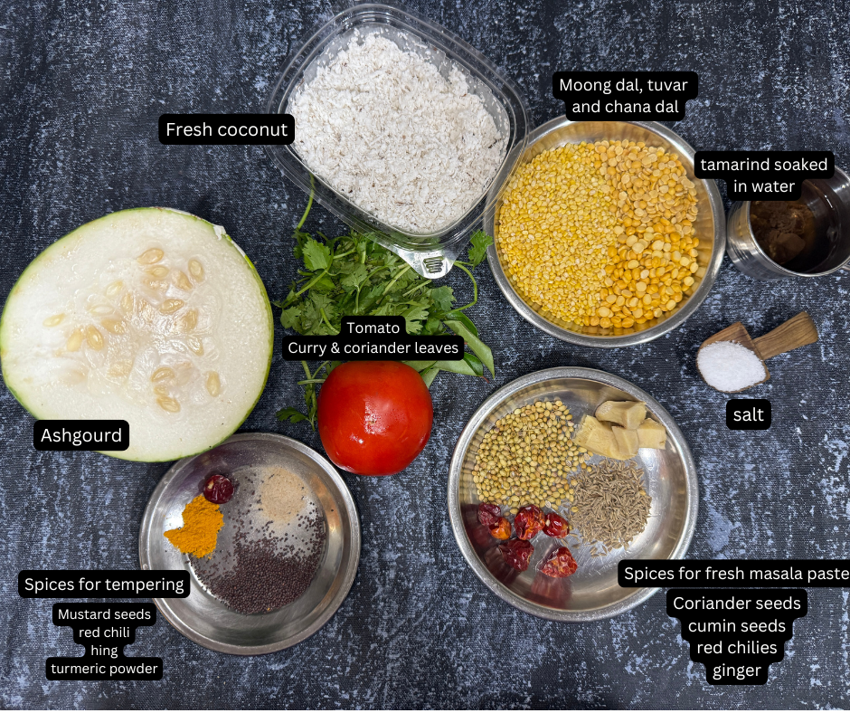 Ingredients for poosanikai puli kootu