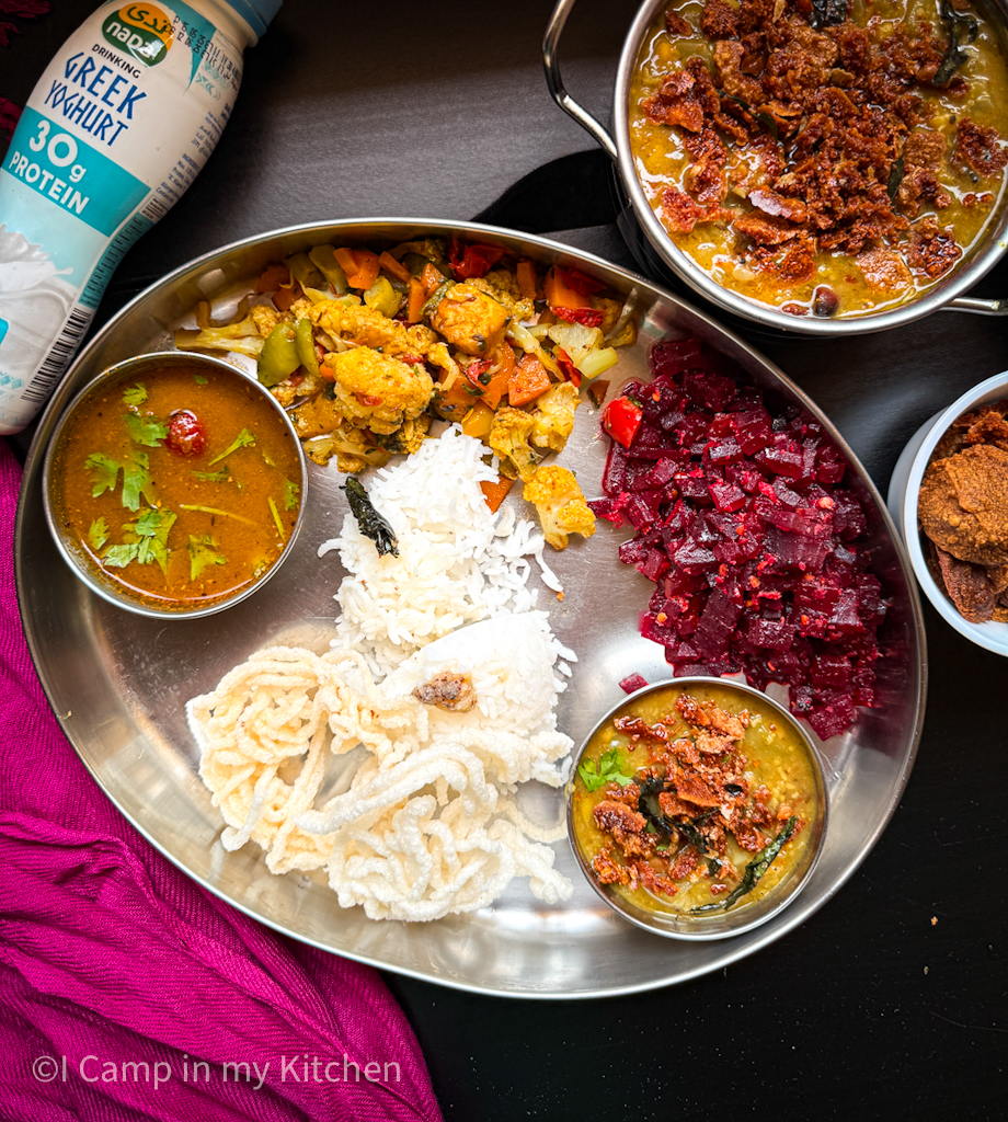 Lunch thali with kootu, curry and rasam