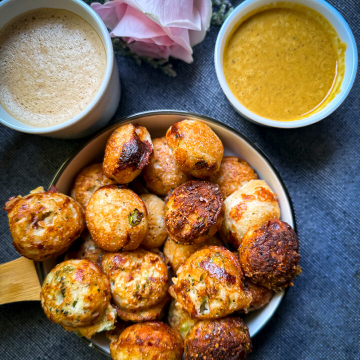 Millet cheese kuzhipaniyaram with chuntey and coffee served for breakfast