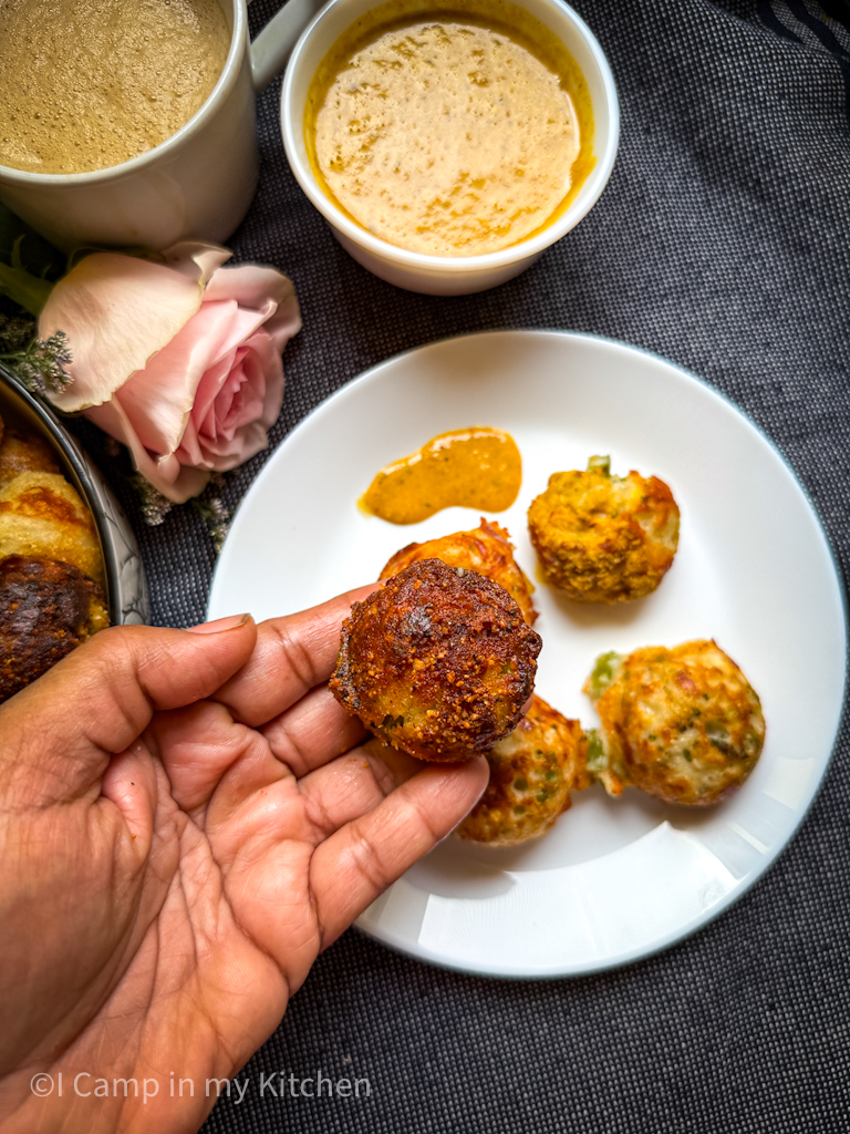 thengai podi topped cheese paniyaram