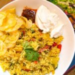 quick and easy bell peppers rice served with raita and crisp for dinner