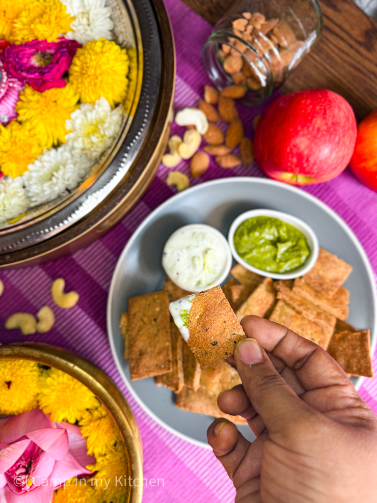 Diwali festive platter of amaranth mathri served with dips