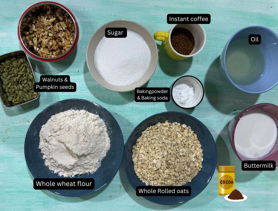 Ingredients to make choco oats loaf
